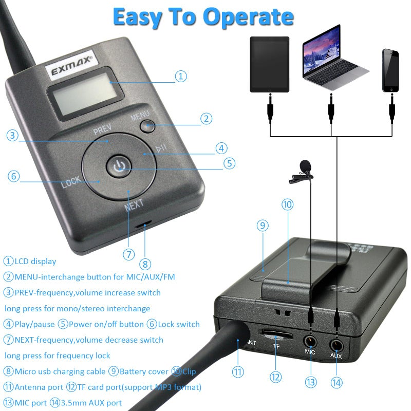 EXMAX E108 DSP Stereo Wireless Headsets FM Radio Broadcast System for Tour Guide Teaching Meeting Training Travel Field Interpretation 1 Transmitter & 10 Receivers (White) - Image 4